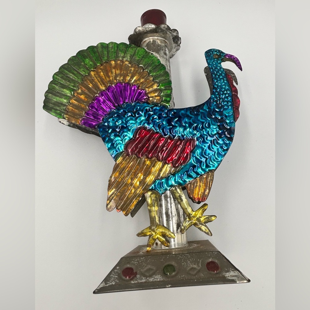 VINTAGE TIN PEACOCK CANDLE STICK HOLDER,STAMPED MEXICO